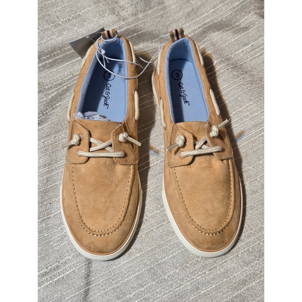 Cat & Jack Kids Reece Boat Shoes Beige Faux Suede Loafers Size 3 NWT